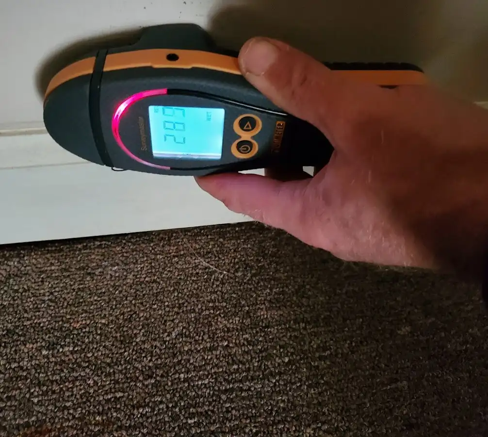 Moisture detection at baseboard during Storm Damage Restoration in Mill Creek East
